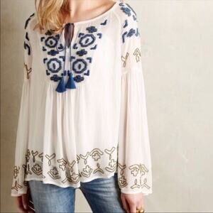 Anthropologie Vanessa Virginia Beaded Embroidered Tassel Peasant Top